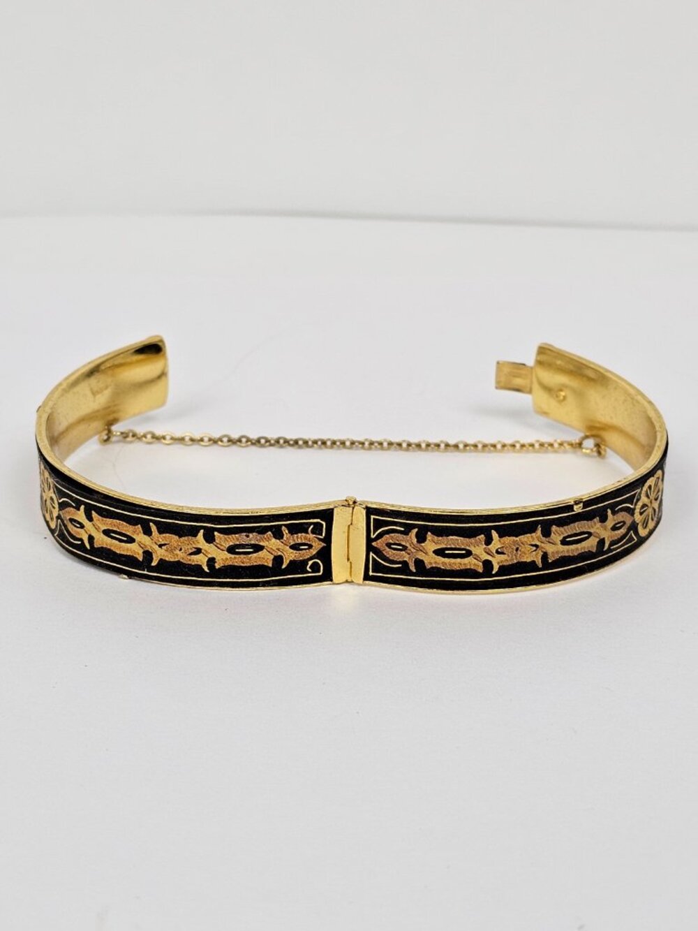 Vtg Damascene Floral Hinged Bangle Bracelet Black Rose Yellow Gold Tone Inlay - Picture 7 of 14